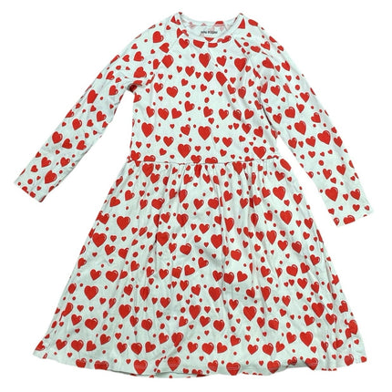 Mini Rodini Kids Girls' White Red Hearts Long Sleeve Mini Flare Dress Sz 9-11YO