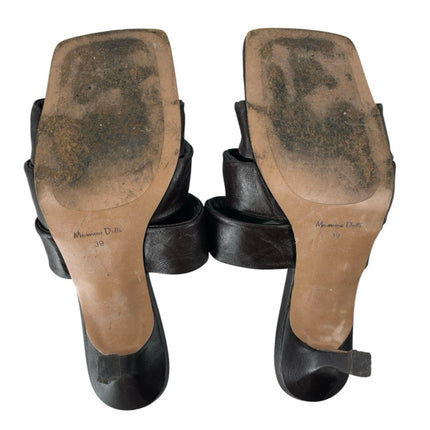 Massimo Dutti Black Ruched Leather Square Toe Flared Heels Mules Sandals Size 39