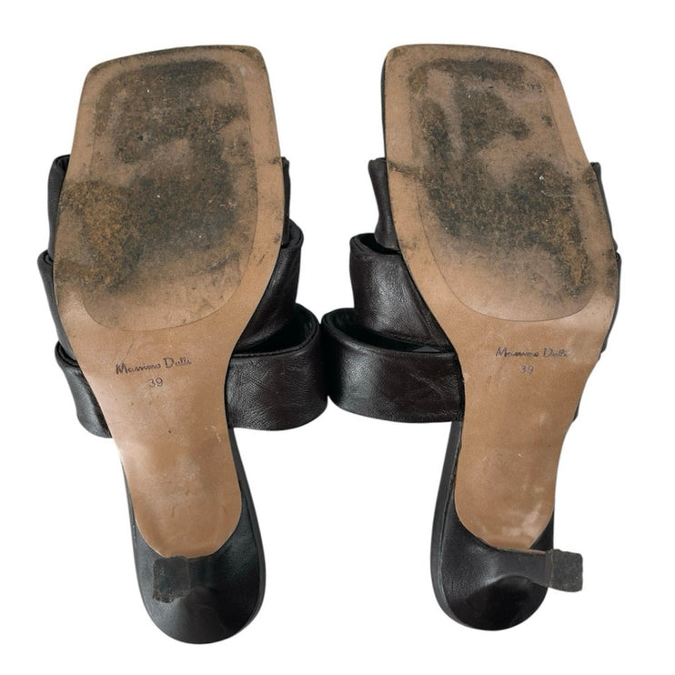 Massimo Dutti Black Ruched Leather Square Toe Flared Heels Mules Sandals Size 39