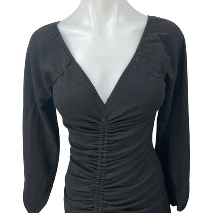 Princess Polly Black Ruched Long Sleeve Deep V Neck Mini Bodycon Dress Size XS/S