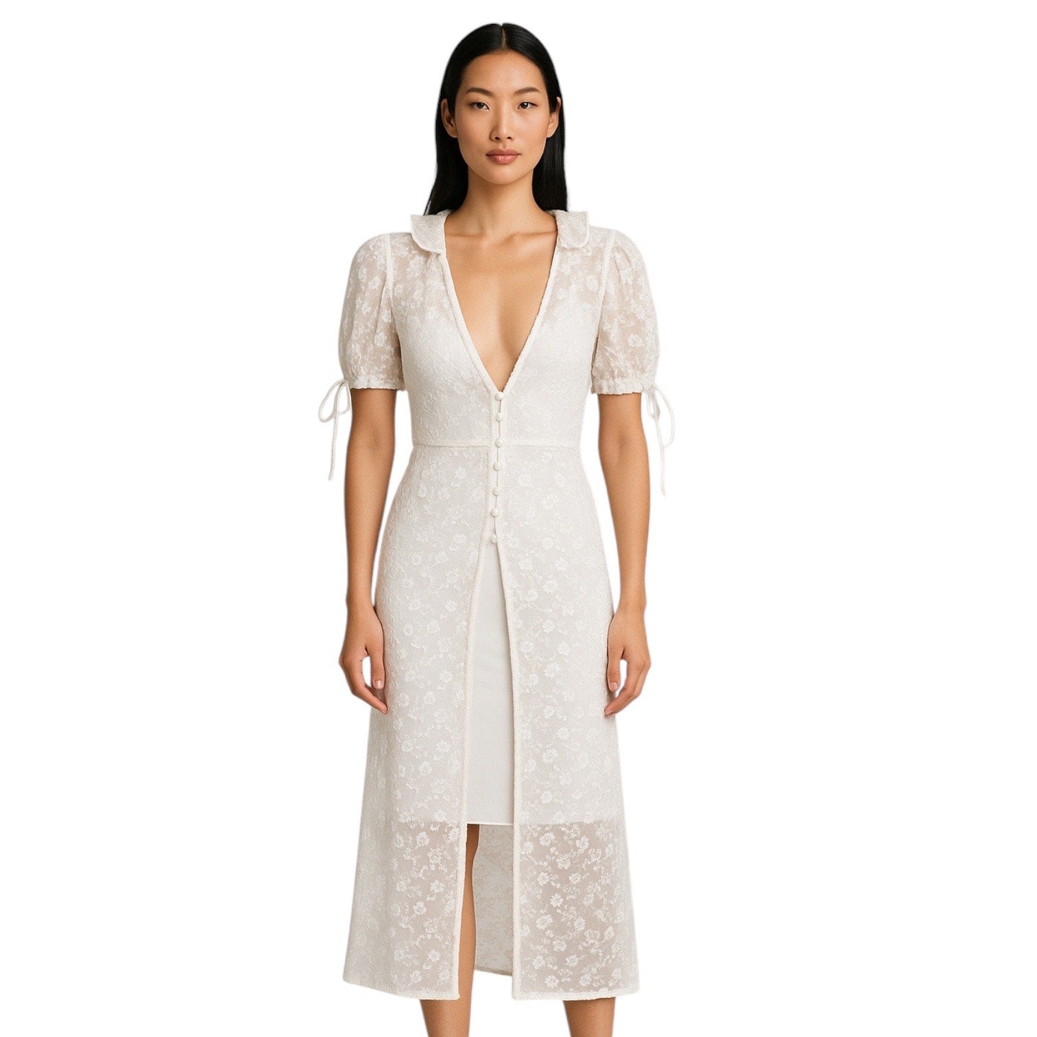 chinese dress ladies Majorelle White Floral Lace Short Sleeve Plunge Ruffle Sheer Midi Dres –  Brie