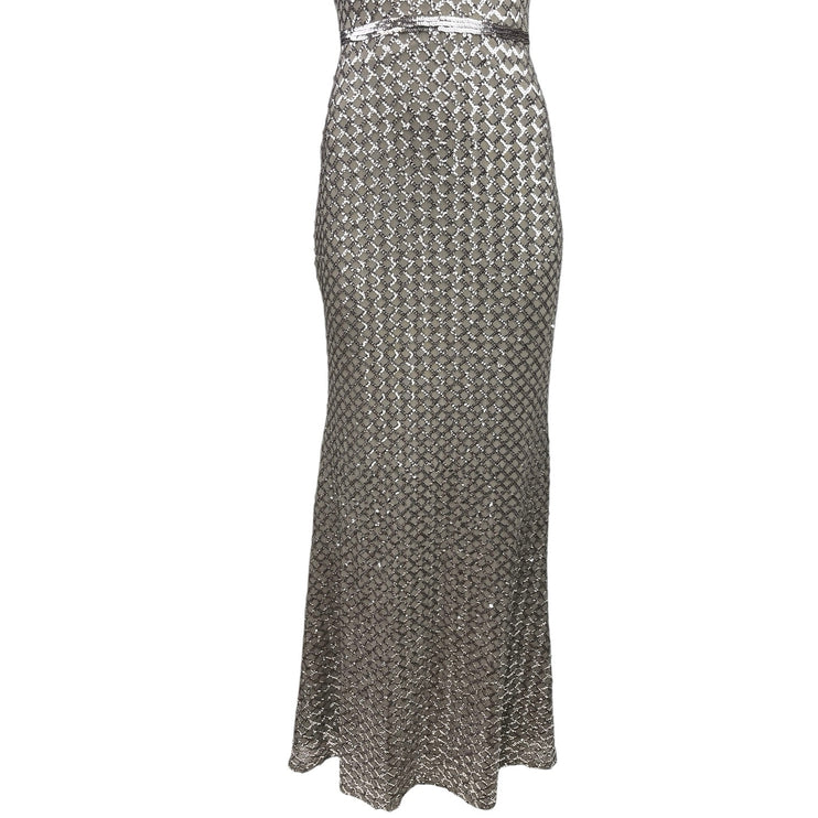 Aqua Formal Taupe Silver Sequin Fishnet Scoop Back Evening Maxi Dress Size 4