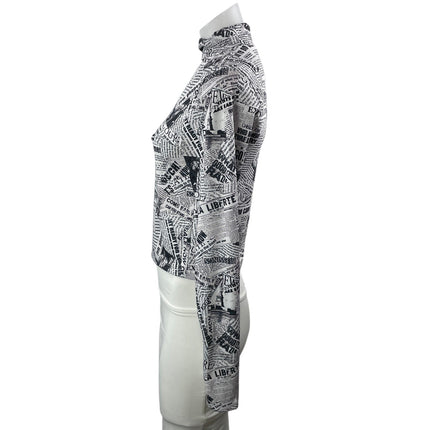 Topshop Womens Black White Newspaper Graphic Mock Neck Long Sleeve Blouse Top 8