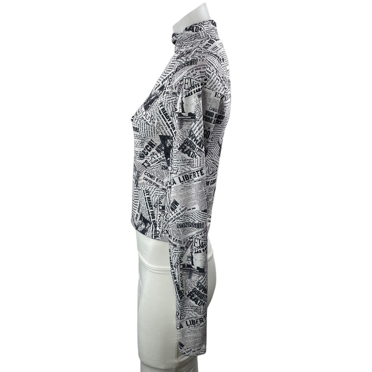 Topshop Womens Black White Newspaper Graphic Mock Neck Long Sleeve Blouse Top 8