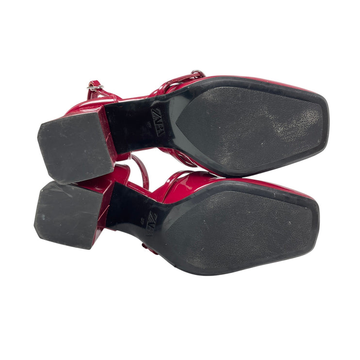 Zara Womens Red Square Toe Block Heels Ankle Strap Mary Jane Pumps Shoes 37 US 6