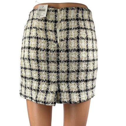 NEW Windsor Ivory Black Gold Metallic Tweed Plaid Mini Pencil Skirt Size S