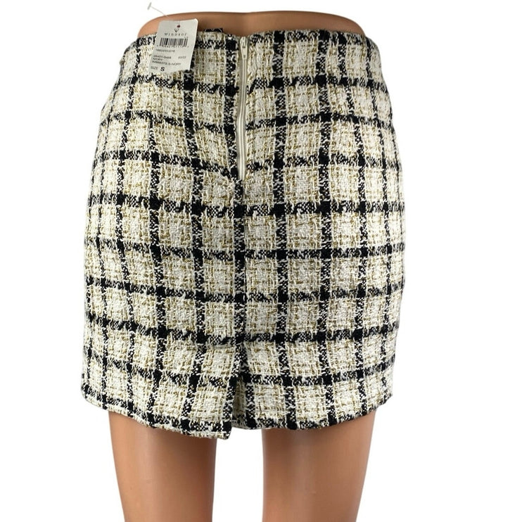 NEW Windsor Ivory Black Gold Metallic Tweed Plaid Mini Pencil Skirt Size S