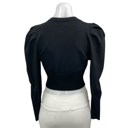 Danielle Bernstein Women Black Long Puff Sleeve V Neck Button Up Crop Top Size M