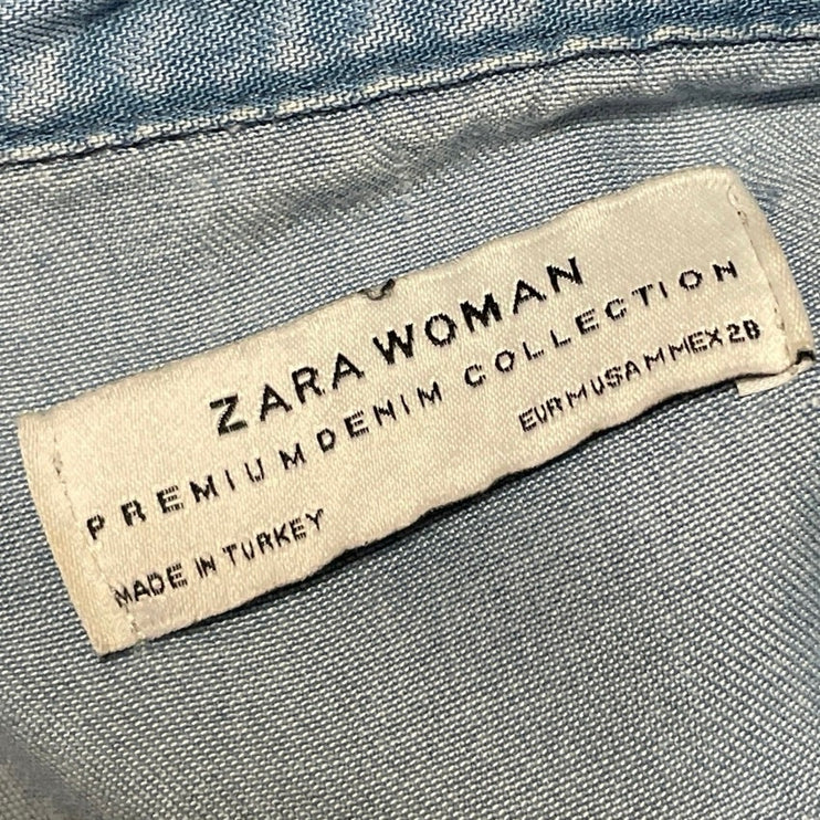 Zara Women's Blue Long Sleeve Ruched Denim Jean Button Down Shirt Top Size M