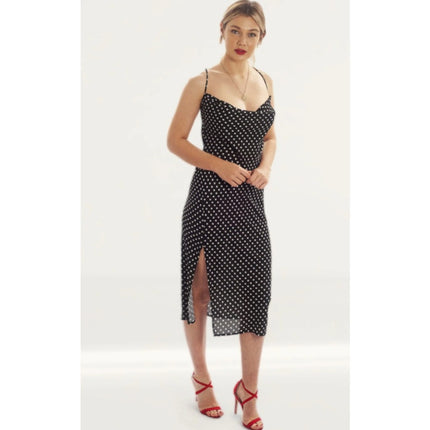 Runaway Black White Star Sleeveless Cowl Neck Cami Strappy Midi Slip Dress Sz S