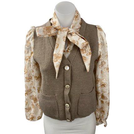 Alice Blue Brown Floral Long Sleeve Blouse Ribbed Sweater Vest Layered Top Sz M