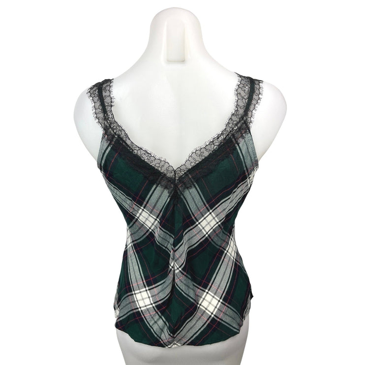 Zara Green White Plaid Lace Trim Ruffle V Neck Sleeveless Tank Top Size S