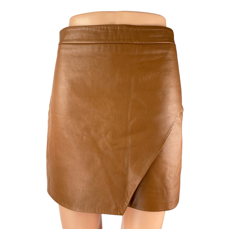 Michelle Mason Faux Vegan Leather Brown Zip Back Mini Pencil Wrap Skirt Size 4