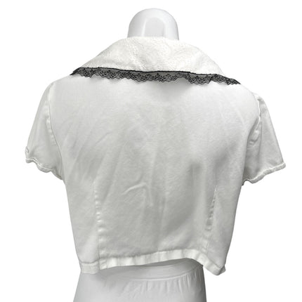 Black Friday White Lace Collar Short Sleeve Button Up Shirt Blouse Crop Top 16