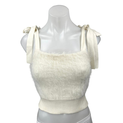 Urban Outfitters Cream Sleeveless Faux Fur Tie Strap Knit Crop Tank Top Size M