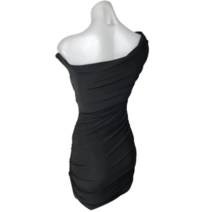 Club L Coco Black Off The Shoulder Asymmetric Bardot Ruched Mini Bodycon Dress 2