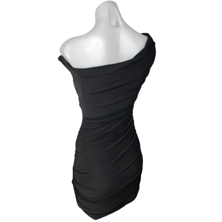 Club L Coco Black Off The Shoulder Asymmetric Bardot Ruched Mini Bodycon Dress 2