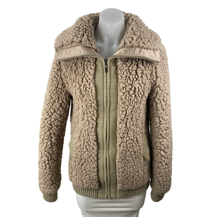 Pins & Needles Brown Tan Sherpa Fleece Teddy Full Zip Sweater Jacket Top Size S