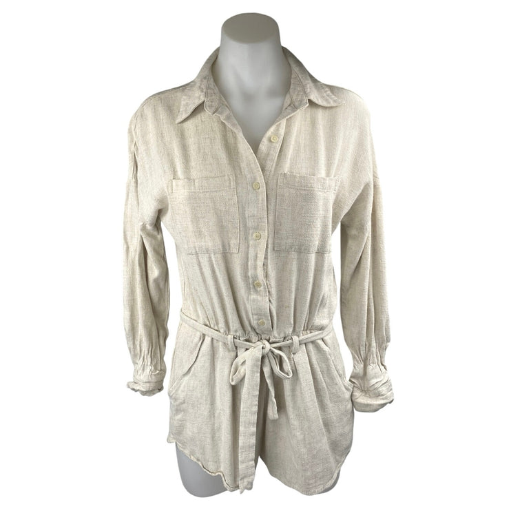 Gentle Fawn Cream Linen LOng Sleeve Colalr Button Down Wide Leg Shirt Romper XS