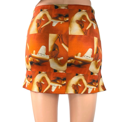 Tiger Mist Orange Knit Body Graphic Print Straight pencil Mini Skirt Size XS