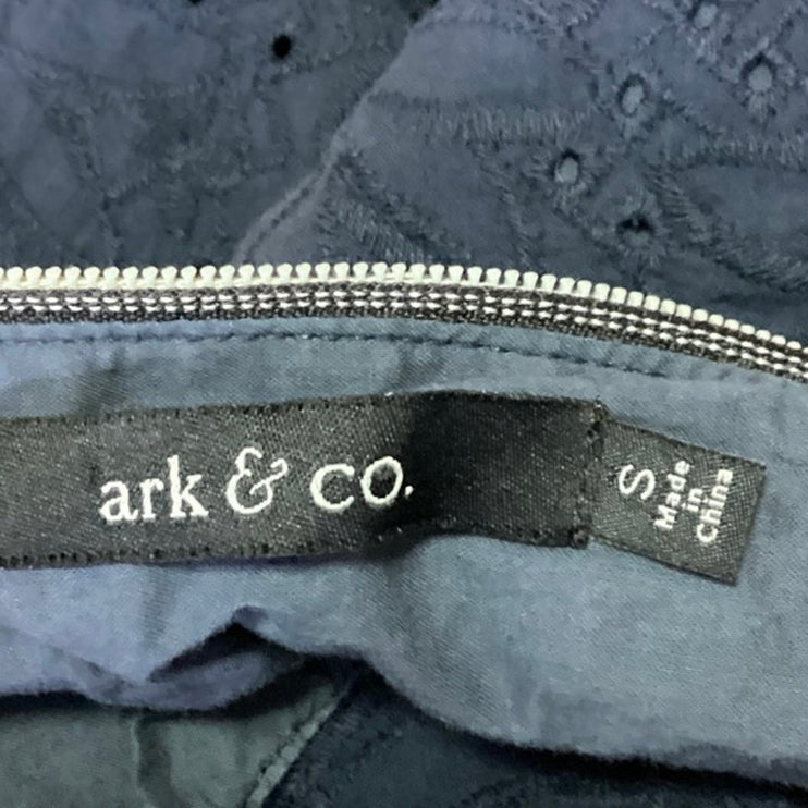 Ark & Co Navy Blue Yellow Zip Up Floral Embroidered Pleated Mini A Line Dress S