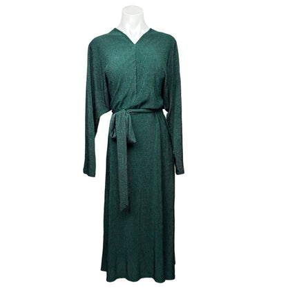 All in Favor Emerald Green V Neck Long Sleeve Crinkle Tie Waist Midi Dress Sz S