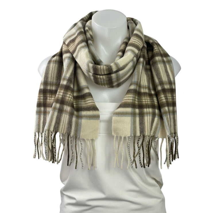 Lochmere Women's Beige 100% Cashmere Plaid Fringe Shawl Neck Scarf Size OS