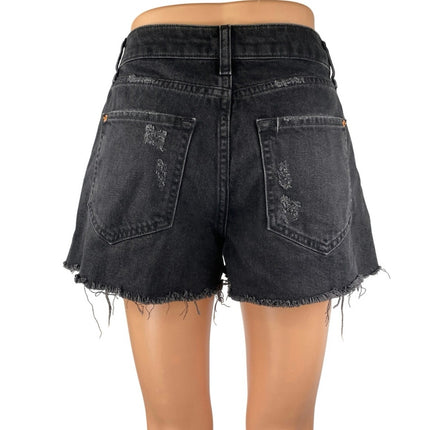 River Island Women's Black High Waist Frayed Raw Hem Cutoff Denim Jeans Shorts 8