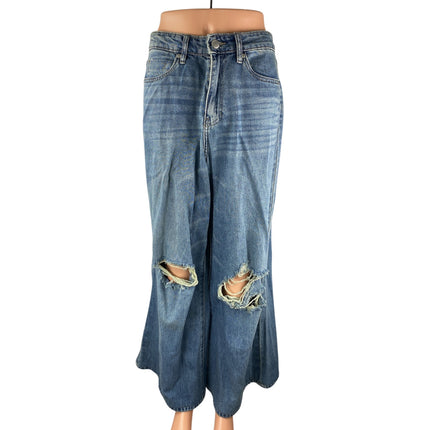 PTCL Ethikal Brand Women's Blue Distressed Wide Leg Flare Denim Jeans Size M
