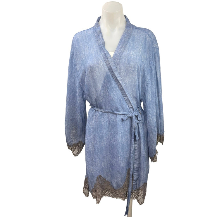 Savage x Fenty Womens Blue Chiffon Lace Eyelet Belted Chambray Denim Robe M/L