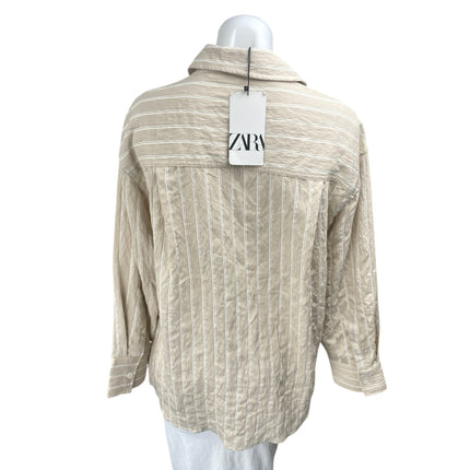 NEW Zara Beige White Striped Long Sleeve Button Down Blouse Shirt Top Size S