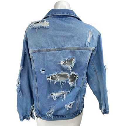 Forever 21 Women Blue Long Sleeve Distressed Button Up Denim Jean Jacket Size S