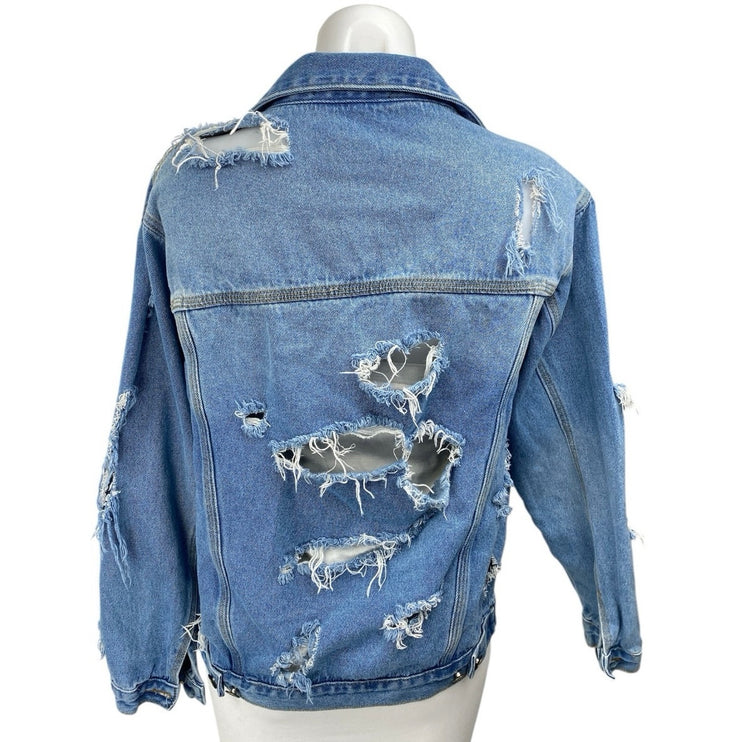 Forever 21 Women Blue Long Sleeve Distressed Button Up Denim Jean Jacket Size S
