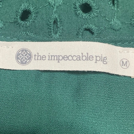 The Impeccable Pig Green Embroidered Eyelet Ruffle Babydoll Blouse Top Size M