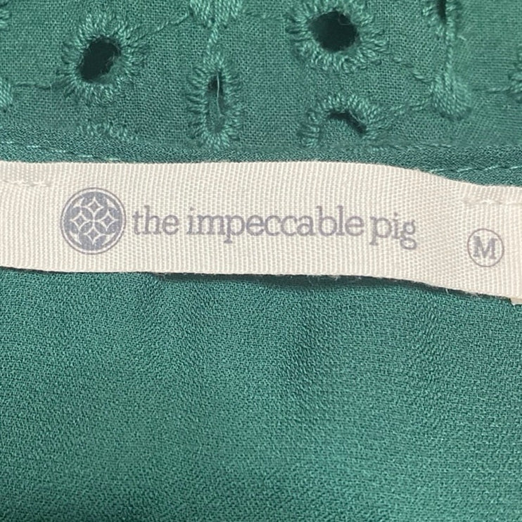 The Impeccable Pig Green Embroidered Eyelet Ruffle Babydoll Blouse Top Size M