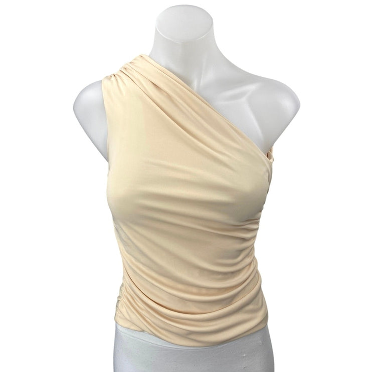 Zara Cream One Shoulder Sleeveless Ruched Stretch Drapey Blouse Top Size XS