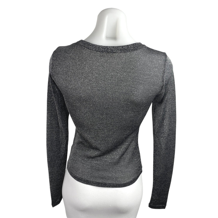 Free People Women's Black Metallic Long Sleeve Sheer Casual Tee T Shirt Top XS