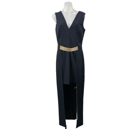 Miss Selfridge Black Gold Belt Sleeveless V Neck Prom High Low Maxi Dress Size 8