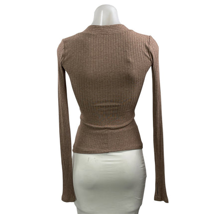 Alix NYC Women's Brown Ribbed Knit Twist Front Long Sleeve Blouse Top Size XS
