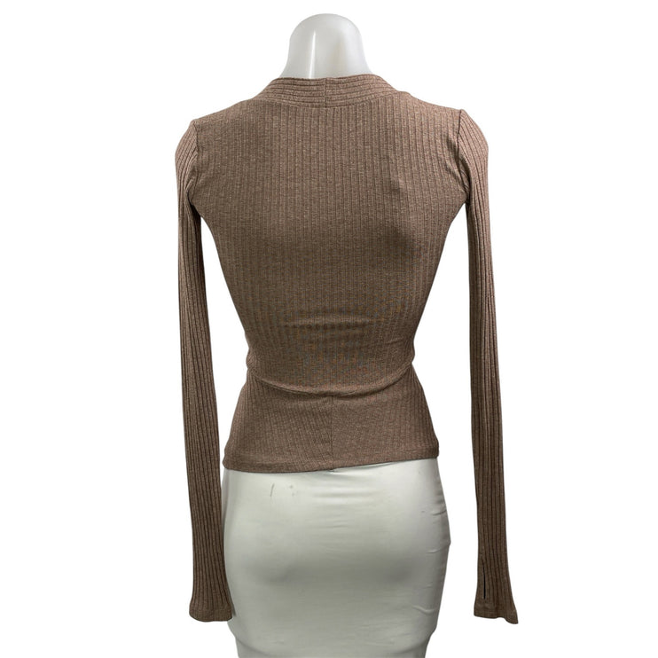 Alix NYC Women's Brown Ribbed Knit Twist Front Long Sleeve Blouse Top Size XS