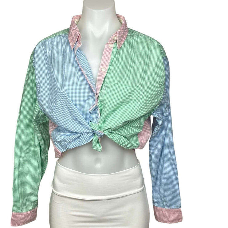 American Eagle Womens Green Blue Pink Gingham Colorblock Button Up Shirt Size M