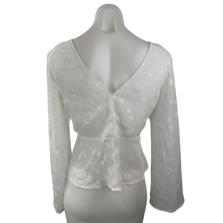 Ark n Co White Star Long Bell Sleeve V Neck Ruched Peplum Blouse Top Size S