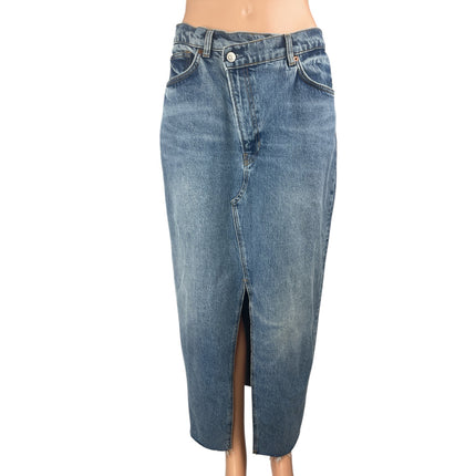 Reformation Nila Blue Front Slit High Waisted Midi Pencil Denim Jeans Skirt 29