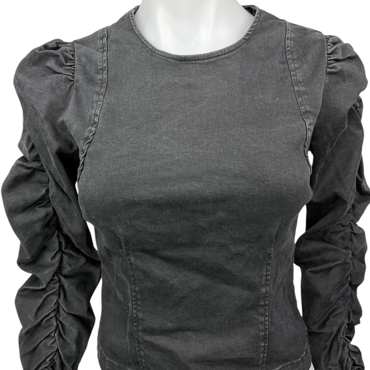 Zara Black Denim Ruched Puff Sleeve Zip Up Crop Jean Shirt Blouse Top Size XS