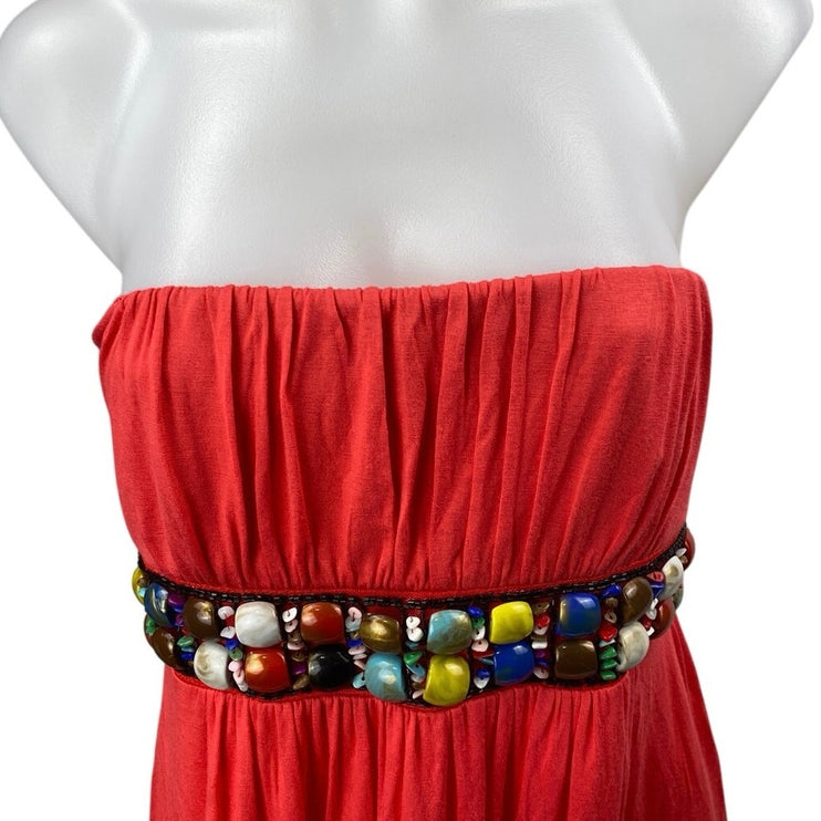 Ariella Red Multicolor Beads Strapless Sleeveless Mini Bandeau A-line Dress Sz S