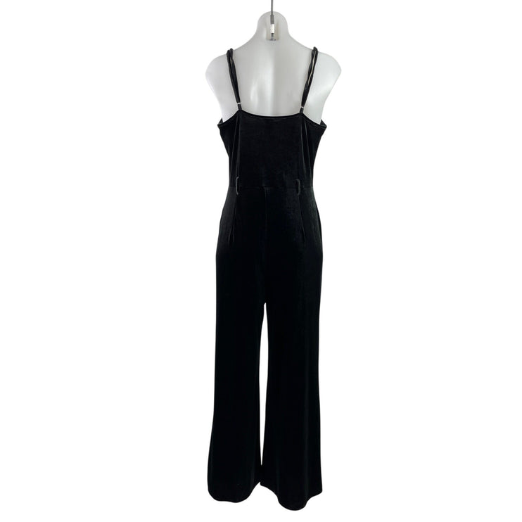 Forever 21 Black Velvet Sleeveless Belted V Neck Wide Leg Tank Romper Jumpsuit L