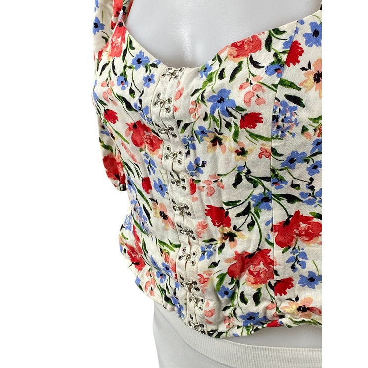 ASTR The Label Multicolor Floral Short Puff Sleeve Corset Bustier Blouse Top S