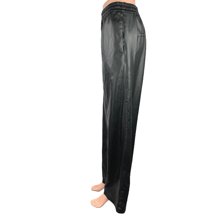 Zara Black Faux Leather Vegan Elastic Waist High Rise Stretch Wide Leg Pants M