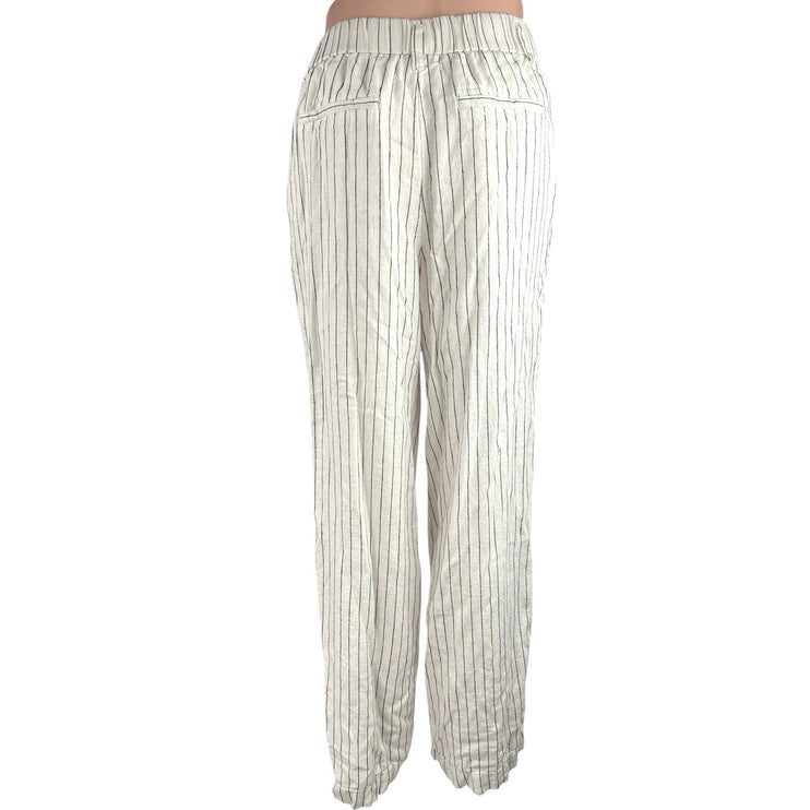 A New Day White Linen Striped Straight Wide Leg High Rise Pleat Trousers Pants 2