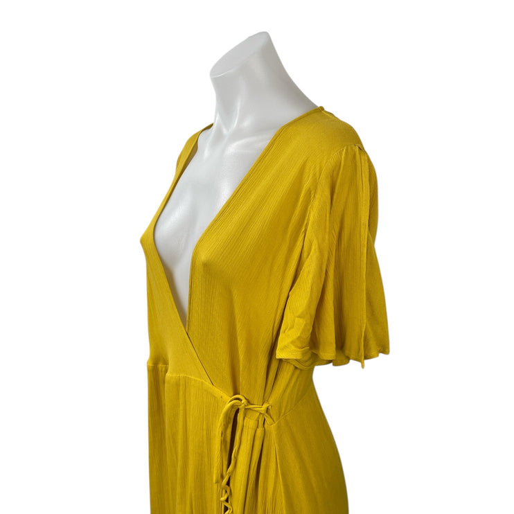 Lulus Much Obliged Women's Yellow Deep V Neck Short Sleeve Maxi Wrap Dress Sz L